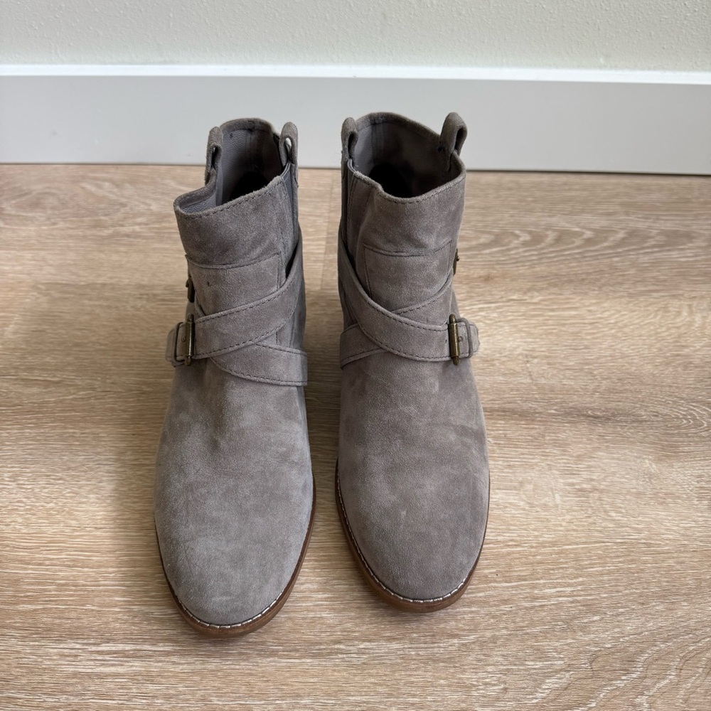 Taupe Suede Ankle Boots with Buckle Strap